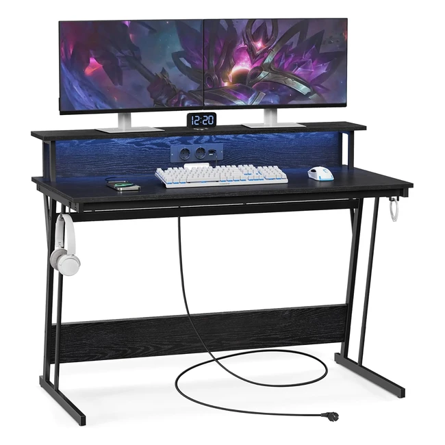Bureau Gaming LED Multiprise VASAGLE LWD192B56 - 60x120x76 cm Noir Classique