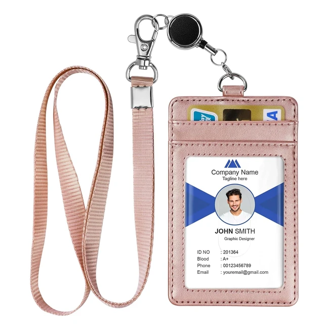 Offcup PU Leather Badge Holder ID Card Wallet with Lanyard and Zipper Pocket - Rose Red