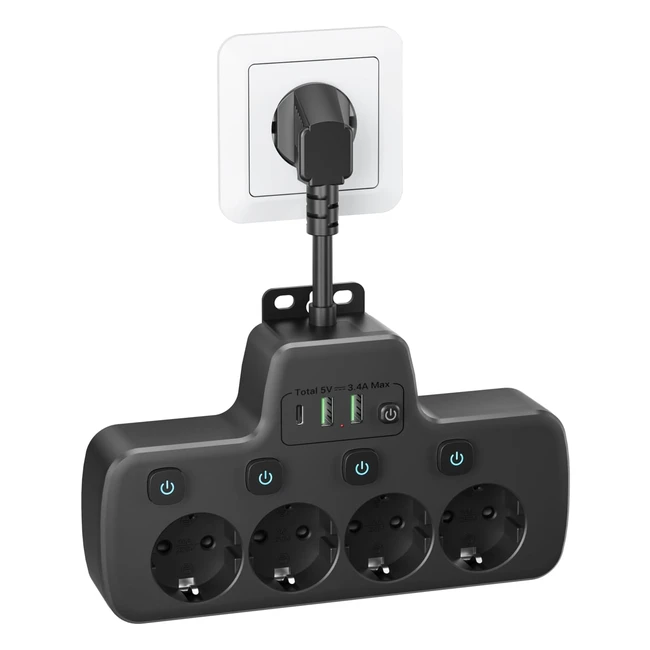 Multiprise avec interrupteur individuel et USB C - 4 prises et 3 ports USB - Charge rapide - Prise murale