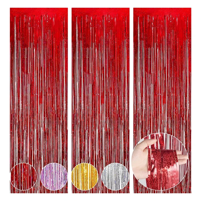 Party Backdrop Curtain 3pcs Foil Fringe Curtain 1.2m Metallic Tinsel Curtains - Red