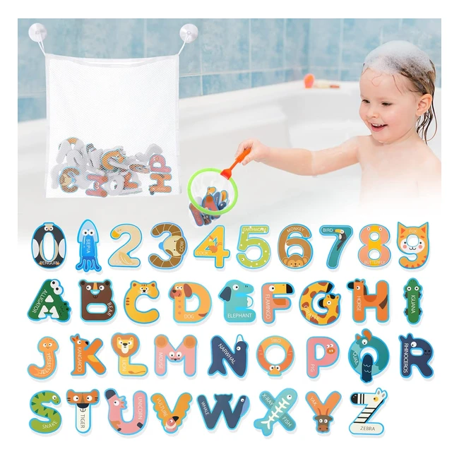 36pcs Bath Letters  Numbers Kids Bath Toys with Organizer Bag  Fishing Net - O