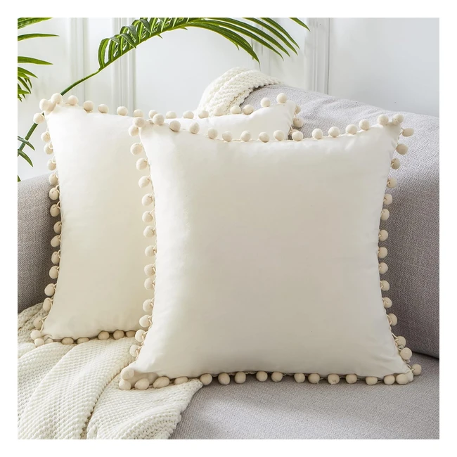 Topfinel Boho Cushion Covers 18x18 Cream Velvet Pom Pom Pack of 2