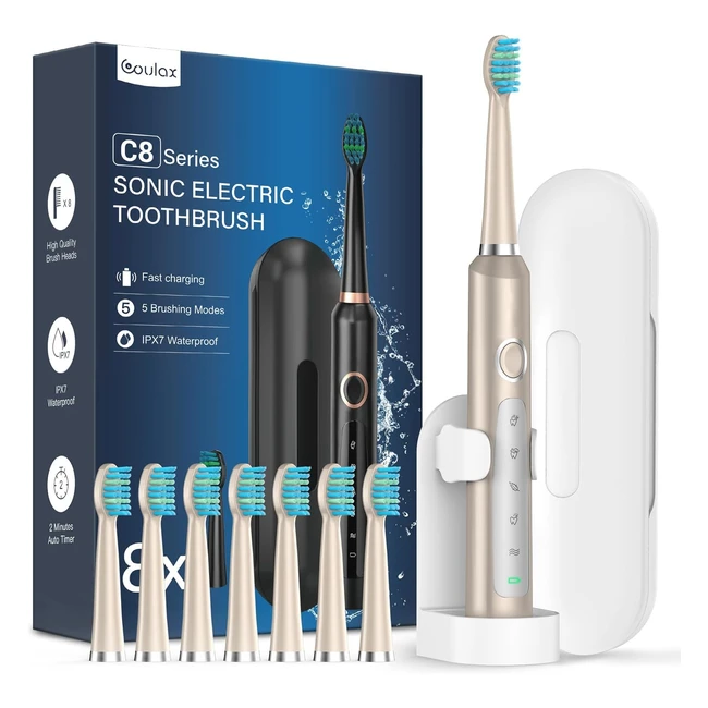 Sonic Electric Toothbrush for Adults and Kids - 8 Brush Heads, 5 Modes - 120 Days Use - Fast Charge - Gold