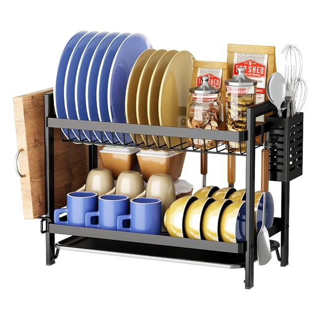 Escurreplatos de cocina a prueba de herrumbre con bandeja de goteo y soporte para utensilios - 2 niveles