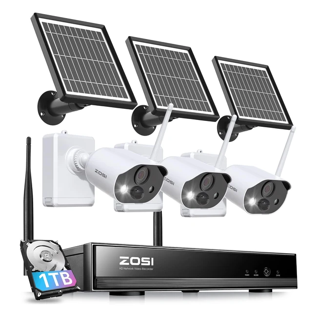 ZOSI 8CH 2K 3MP Solar Battery Camera System 3x Outdoor Wirefree Camera Color Nig