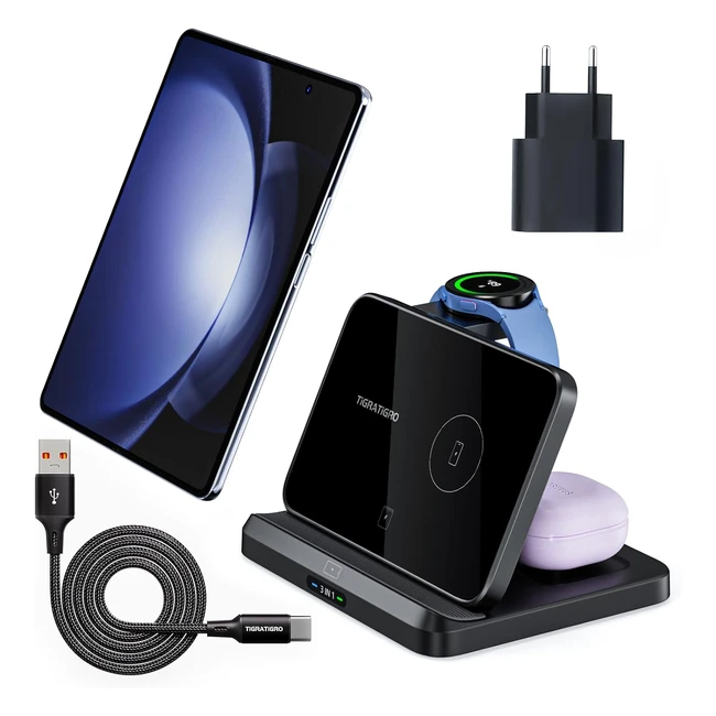 Caricabatterie Wireless 3 in 1 SamsungApple - Ricarica Veloce - Galaxy S23 S22 S21 Note 20 - Z FlipFold Watch Galaxy Buds Nero