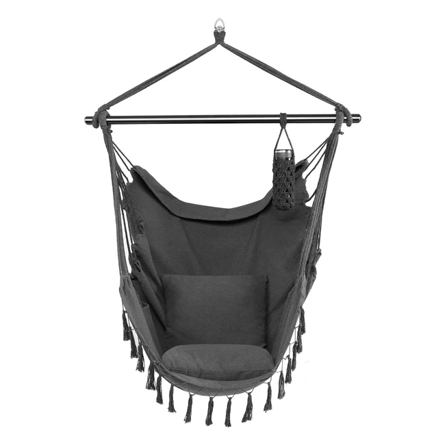 Juskys Miami Hängesessel mit Kissenstange Tasche Makramee Hängerkorb Schaukel 150 kg Tragkraft Outdoor Indoor Sessel Hängeschaukel Grau