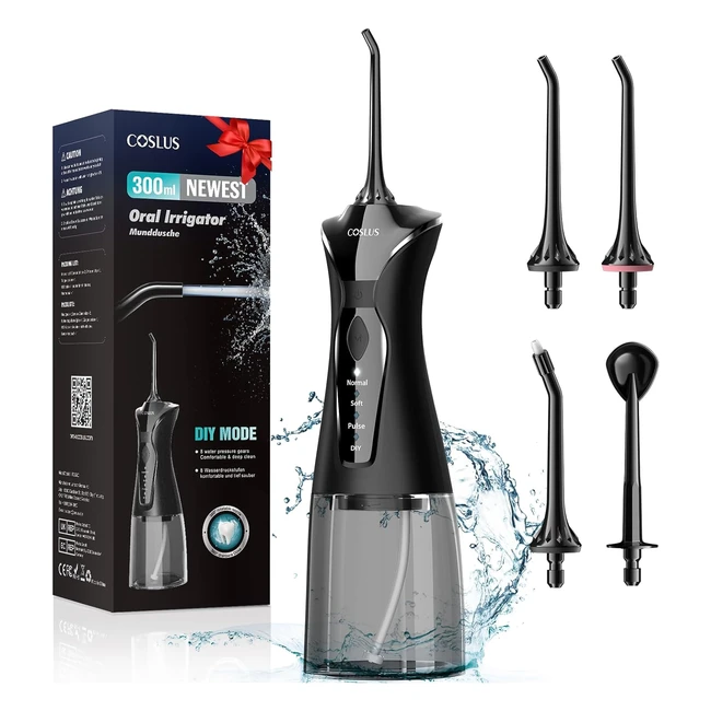 Coslus Water Dental Flosser Portable Oral Irrigator 300ml Rechargeable Teeth Braces Cleaner 4 Jet Tips