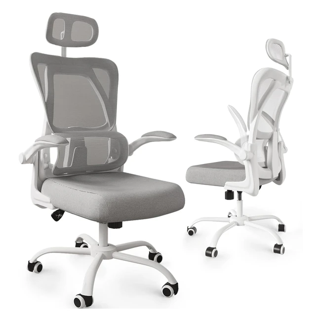 Devoko Ergonomischer Burostuhl mit Lendenwirbelstutze und Kopfstutze - Atmungsaktiver Netzstuhl in Grau