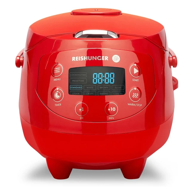 Reishunger Digitaler Reiskocher Klein Rot 06L 3 Personen Timer Premium Topf Dampfgarer 8 Programme