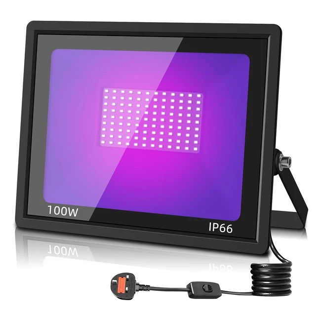 Viugreum 100W LED UV Light Black Floodlight IP66 Waterproof with 15m Power Plug 