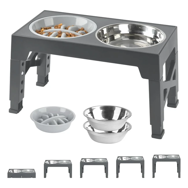 Ciotole per Cani Rialzate Petace 5 Altezze Regolabili 2x1200ml Acciaio 1x800ml Anti Ingozzamento Grigio
