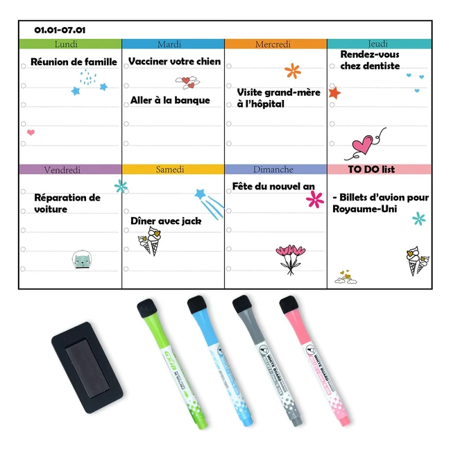 Tableau Magnétique Semainier Poprun 4328cm - Planification Tâches Menus Projets - Organiseur Hebdomadaire Frigo