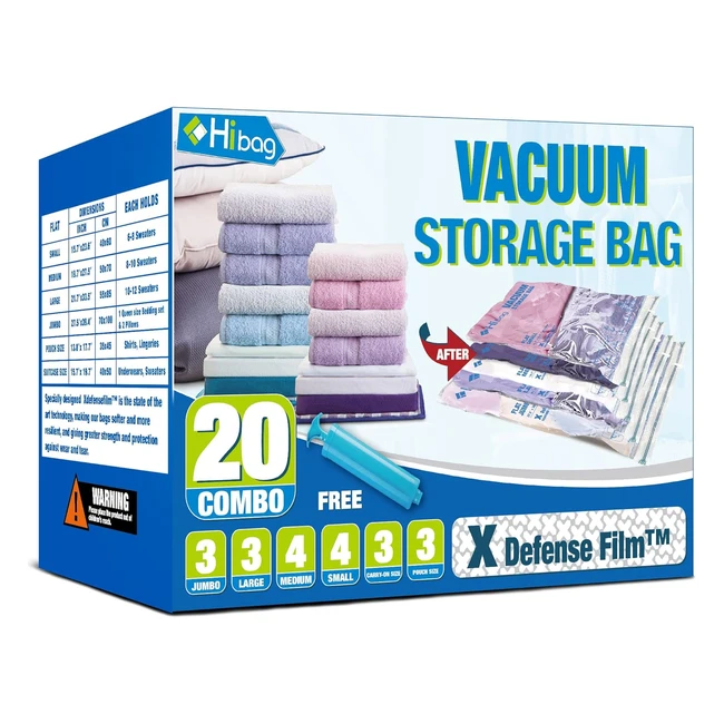 Hibag Vacuum Storage Bags 20 Pack - Space Saver Sealer Bags for Clothes  Beddin