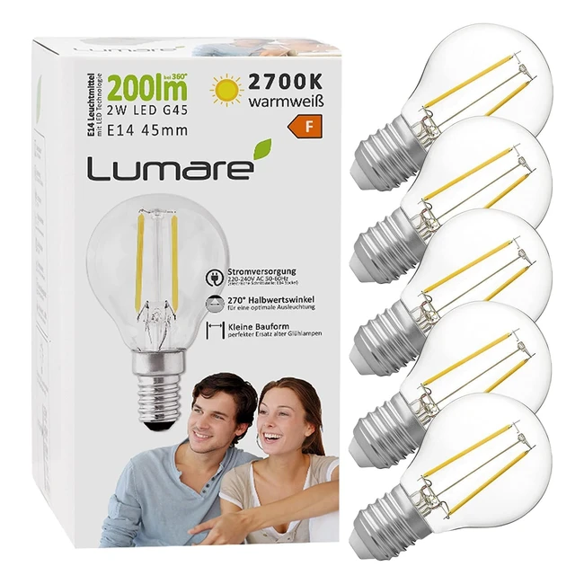 Lampadina LED Lumare E14 G45 2W 200lm - Set di 5 - Sostituisce 40W - Bianco Cald