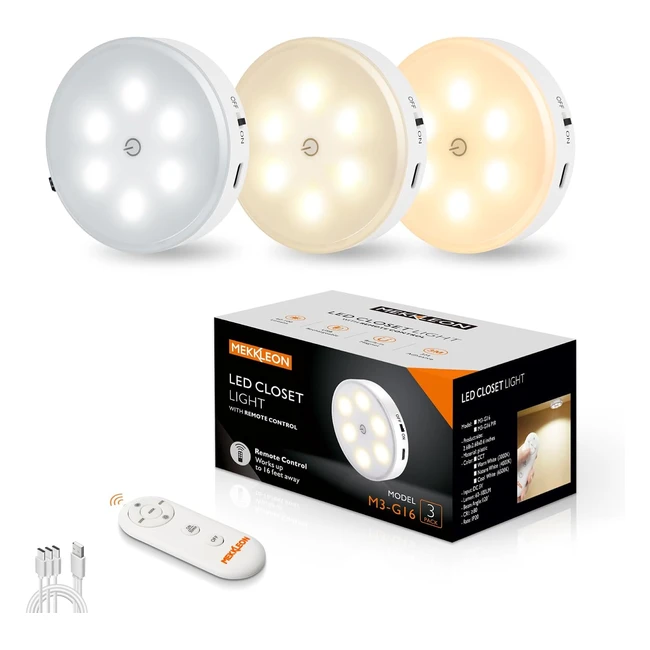 Mekkleon Spot Lampe LED Rechargeable USB - Lot de 3 - Veilleuse Cuisine Sans Fil - 3 Couleurs Dimmable