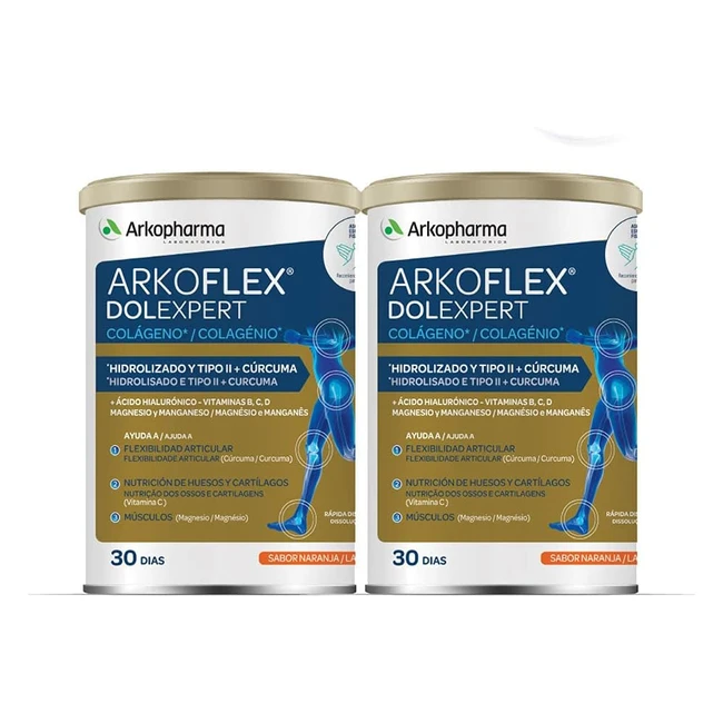 Arkoflex Dolexpert Colágeno Hidrolizado Tipo I y II - Pack 60 días - Sabor Naranja - Articulaciones, Huesos y Músculos - Ácido Hialurónico - 390g - Paquete de 2