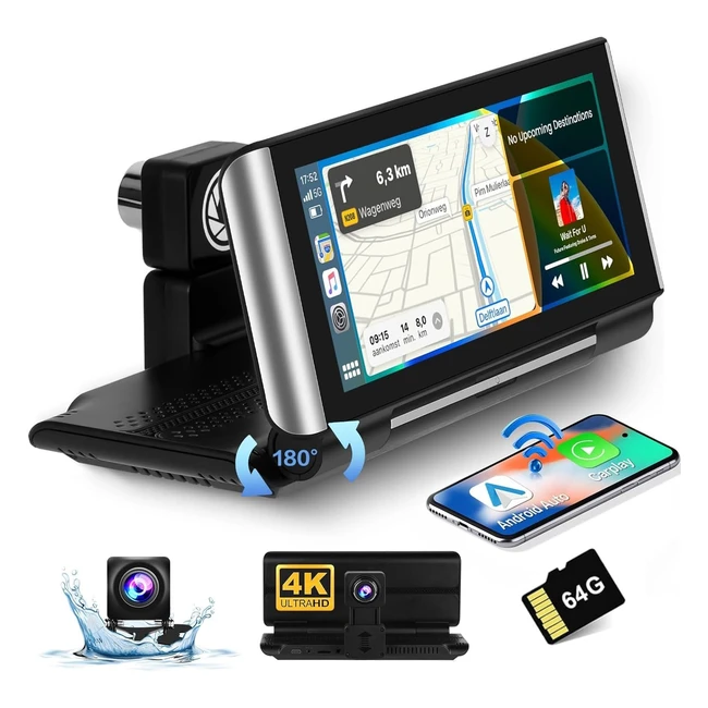 Autoradio Touchscreen Pieghevole 686 Pollici 4K Dashcam Wireless Android Auto Ca