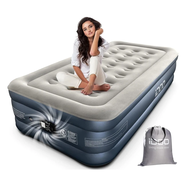 idoo Single Air Bed Inflatable Bed with Built-in Electric Pump 3 Mins Quick Self-Inflation/Deflation Guest Air Mattress 190x100x46cm