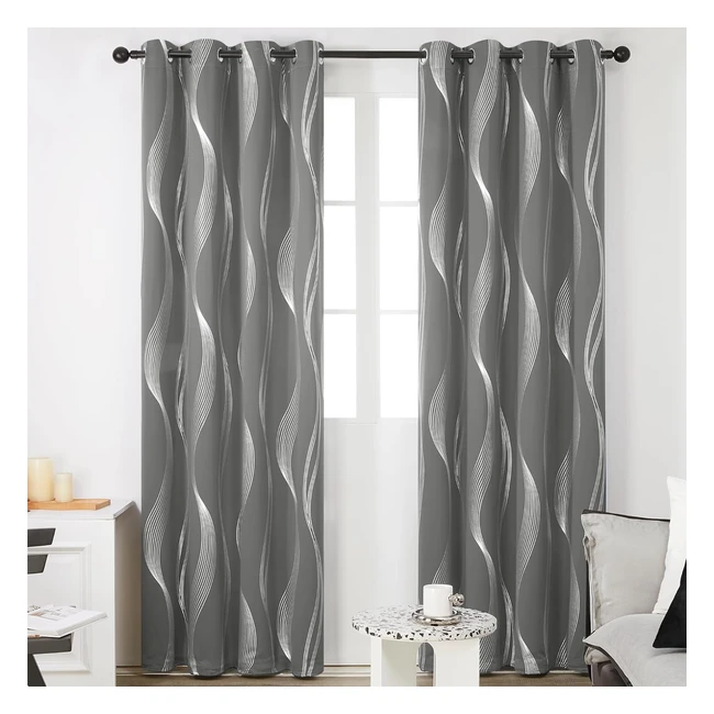 Deconovo Grey Blackout Curtains 72 Drop Silver Wave Foil Thermal Insulated Eyelet Curtains 46 x 72 Inch