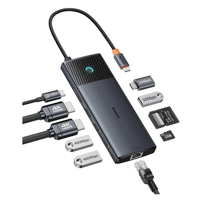 Baseus USB C Docking Station Dual Monitor 10 en 1 - 4K120Hz - 4K60Hz - Gigabit Ethernet - PD 100W