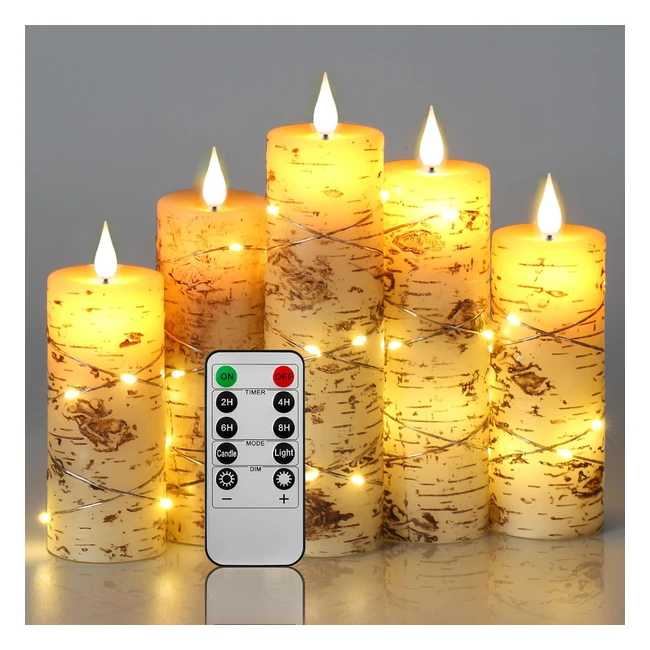 da by Candle Lights LED Candles Hand Painted Birch Bark Set of 5 Heights 13-20cm
