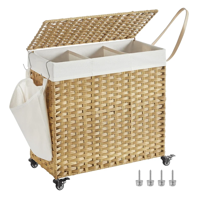Songmics Wäschekorb mit Deckel 140 l Wäschekorb 3 Fächer Wäschesortierer mit Rädern Rattan-Look Wäschetasche abnehmbar für Waschküche 66 x 33 x 66 cm Natur LCB363N01