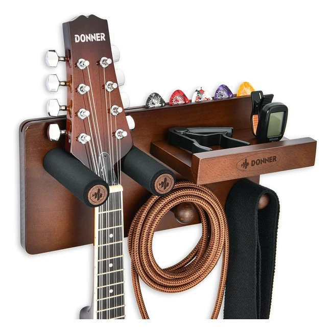 Donner Guitar Wall Mount Hanger Wooden Holder Shelf - Premium Solid Wood - Holds