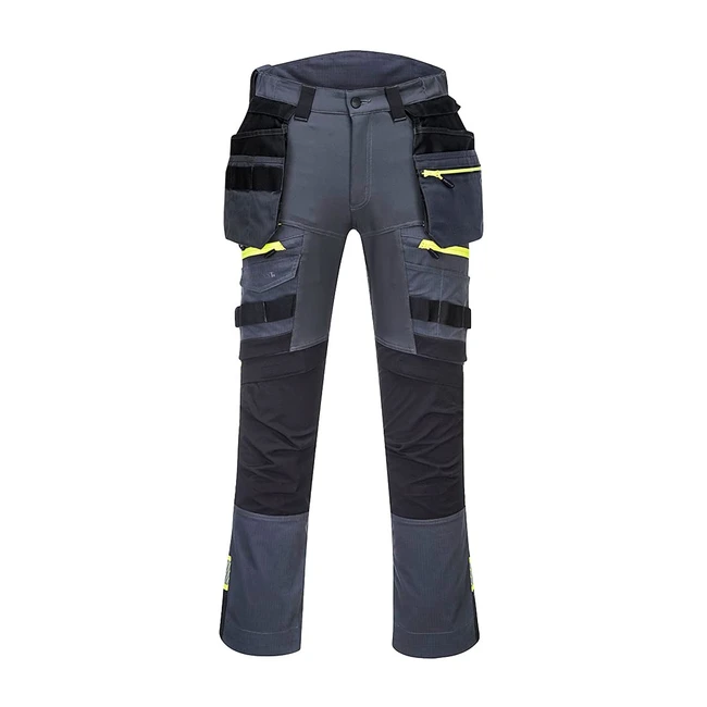 Portwest DX440 Workwear Detachable Holster Pocket Trouser Metal Grey 28 - 4-Way Stretch Fabric, Knee Pads Included