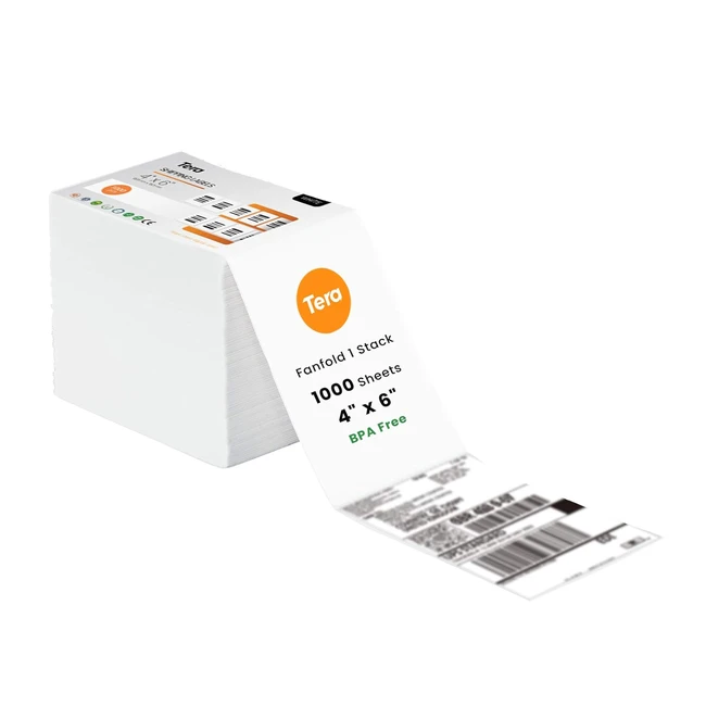 Tera BA0003 4x6 Thermal Shipping Labels Fanfold 1000 Labels Stack BPA Free - Smudge Free Printing - Compatible Printers