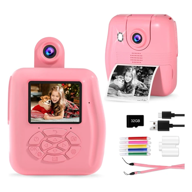 Appareil photo enfant instantane GKTZ 24 pouces avec carte 32G - Cadeau pour filles garçons 3-12 ans
