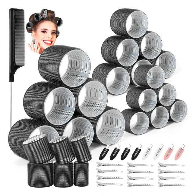 Thrilez 39pcs Hair Curlers Rollers with Clips Black Hair Roller 64mm 44mm 33mm J