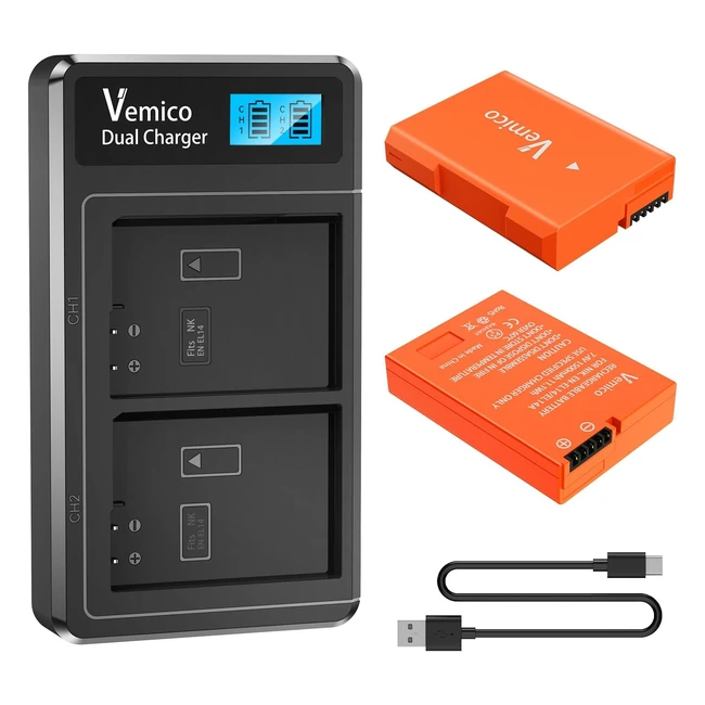 Kit Batterie Vemico ENEL14 ENEL14A 2x1500mAh LCD Chargeur Type C Nikon D5100 D53