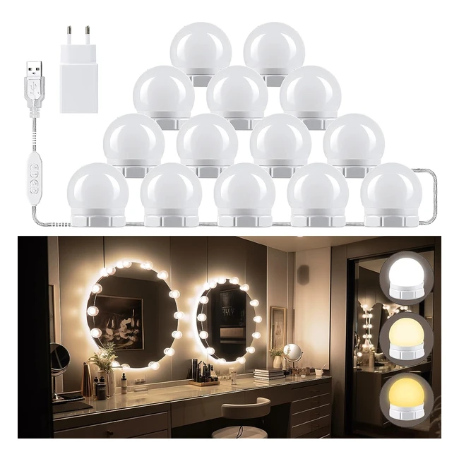 Ampoule LED Miroir Lumière Coiffeuse Dimmable 14 Ampoules 3 Couleurs 10 Niveaux Luminosité