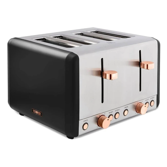 Tower T20051RG Cavaletto 4-Slice Toaster - Stainless Steel - 1800W - Black/Rose Gold - Defrost/Reheat
