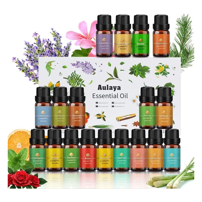 Aulaya Essential Oils Set 18x10ml Tea Tree Lavender Eucalyptus Lemongrass Rosema