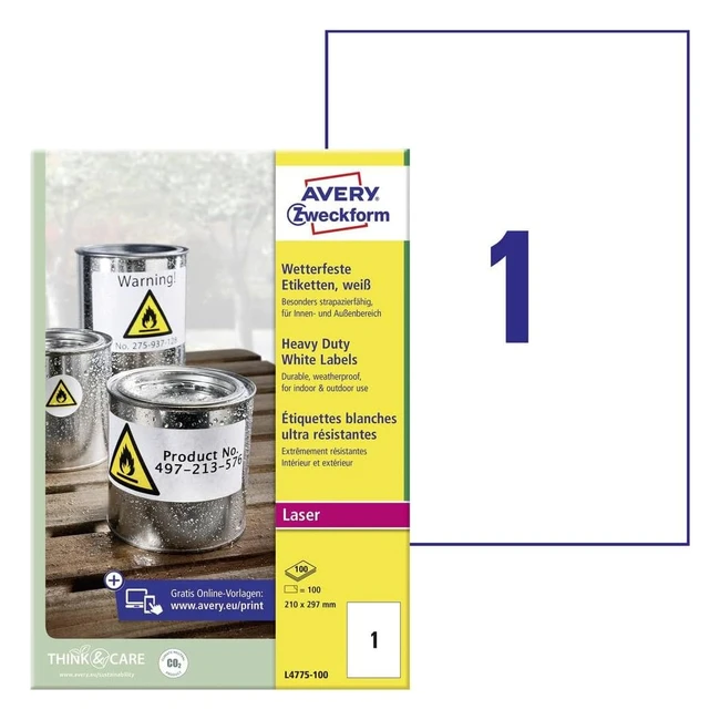 Etiquetas Adhesivas Blancas Avery L4775100 - Resistentes al Agua - 210x297mm - C