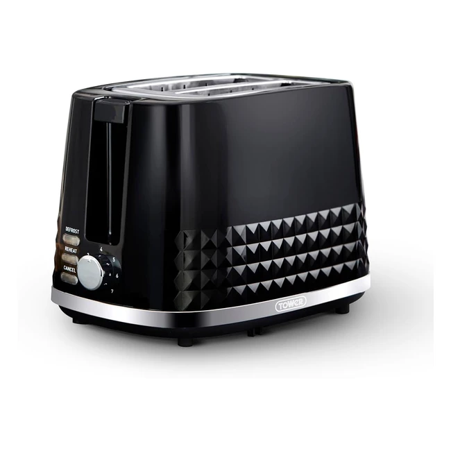 Tower T20082BLK Solitaire 2 Slice Toaster Black Chrome Accents 850W - Stylish Design & Variable Browning Settings