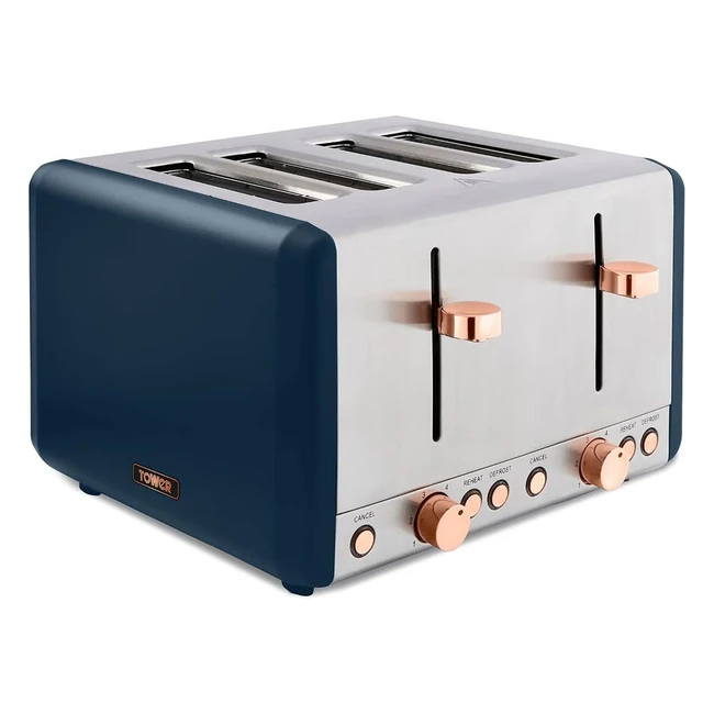 Tower T20051MNB Cavaletto 4-Slice Toaster | Stainless Steel | 1800W | Midnight Blue & Rose Gold