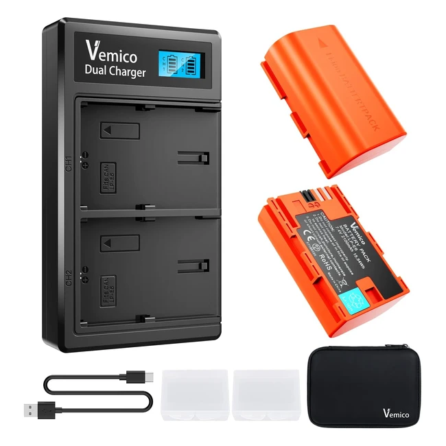 Chargeur Batterie Vemico LPE6 Canon EOS 5D Mark II III IV 6D 7D 60D 70D 80D 90D R R5 R6 RA 2 Paquets 2100mAh LCD