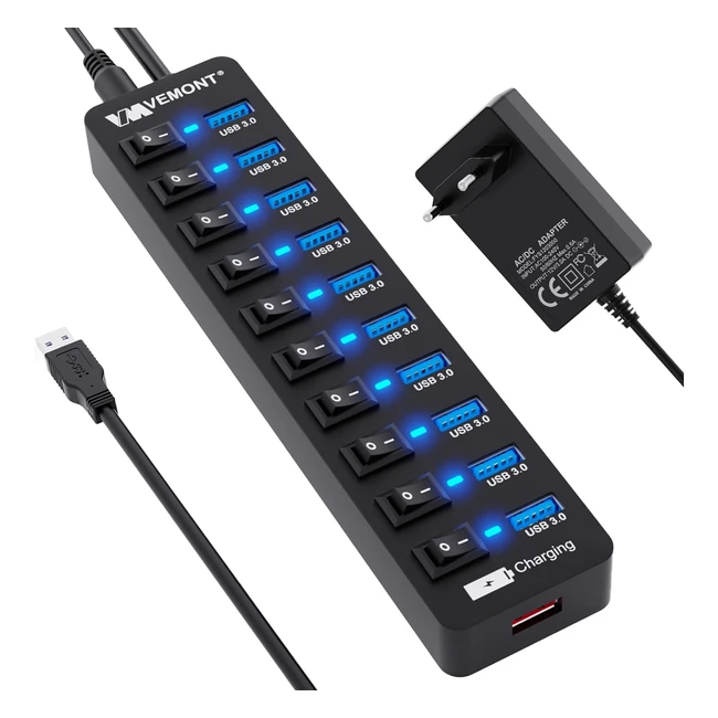 Hub USB 30 Vemont 10 Puertos USB  Carga Inteligente  Cable de Extensin 12m