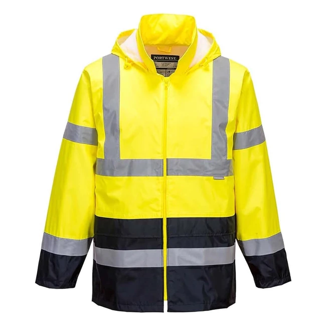 Portwest HiVis Classic Contrast Rain Jacket - Size S - Yellow/Navy - H443YNRS - Waterproof PVC Coated - Reflective Tape
