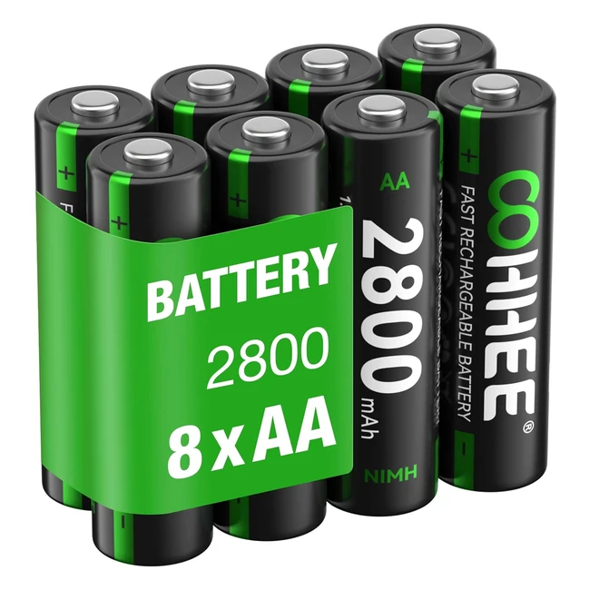 oohhee 8 x AA Rechargeable Batteries 2800mAh High Capacity - 1200 Tech Nimh Batteries