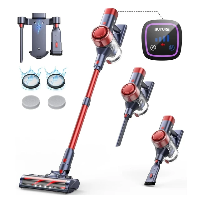 Buture Aspirateur Balai Sans Fil VC50 38kPa 450W Intelligent Puissant Autonomie 55min Capacité 12L Rouge