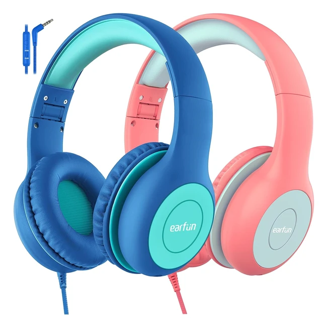 Earfun Kids Headphones - 2 Pack Foldable Headphones for Kids 8594DB Volume Limiter Stereo Sound Adjustable Headband Children Wired Headphones with Mic