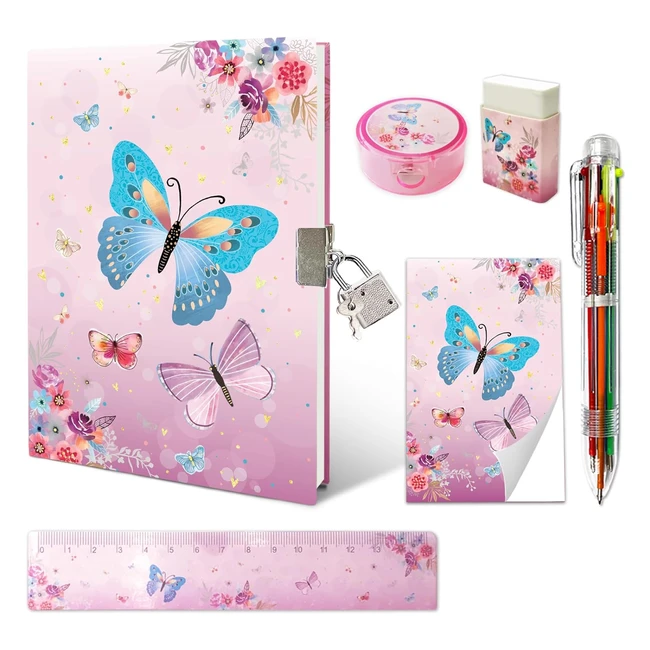 Journal intime fille avec cadenas papillon 178 x 33 cm stylo multicolore rgle 