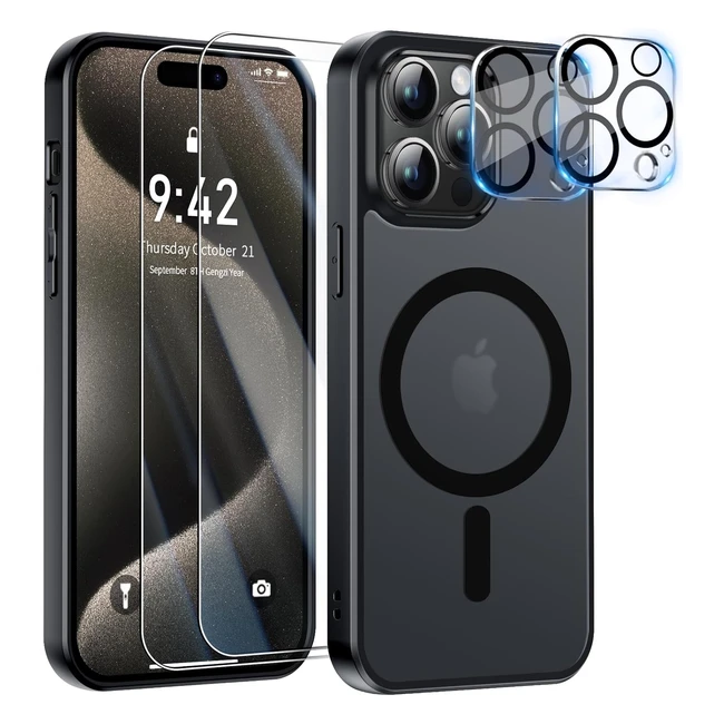 Coque magnétique Yisrlery 5 en1 pour iPhone 15 Pro avec protection écran et caméra arrière, compatible avec Magsafe - Noir