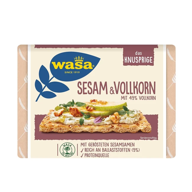 Wasa Knäckebrot Sesam Vollkorn 12x200g - Knuspriges Goldbraun mit Gerösteten Sesamkörnern