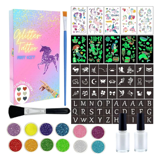 Kit Tatuajes Purpurina Unicornio Sirena Glitter Tattoo Studio MarckersHome #5 Colores 57 Plantillas