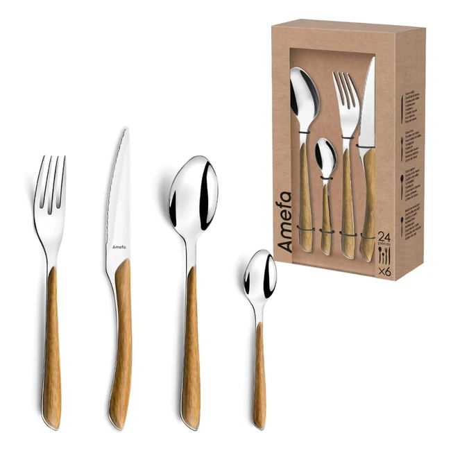 Menagere 24 p Bois Clair Eclat Nature Couverts Table Bois Inox